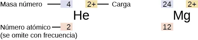 Este diagrama muestra el símbolo del helio, "H e" El número de la parte superior izquierda del símbolo es el número de masa, que es 4. El número de la parte superior derecha del símbolo es la carga que es 2 positivo. El número de la parte inferior izquierda del símbolo es el número atómico, que es el 2. Este número suele omitirse. También se muestra "M g" que significa magnesio Tiene un número de masa de 24, una carga de 2 positivo y un número atómico de 12.