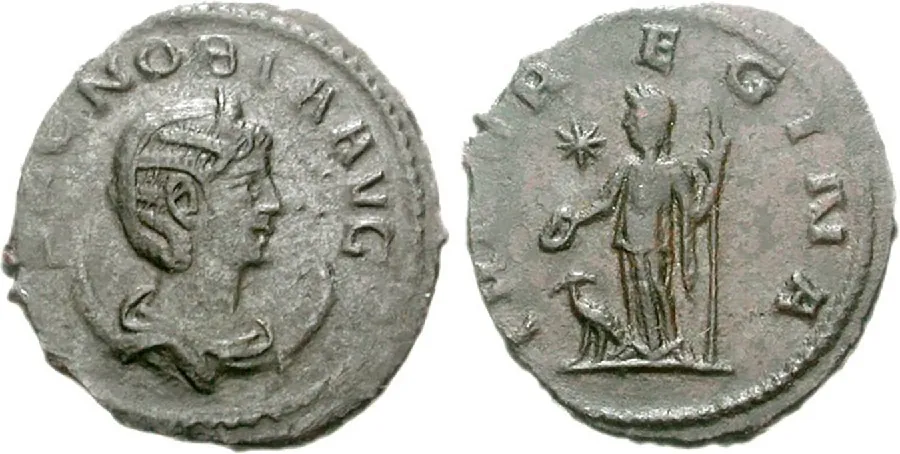 A picture of two silver coins is shown on a white background. The coins are round and jagged along the edge, with some details rubbed off. The coin on the left shows the profile of a woman looking to the right wearing a headdress with round circular objects around her neck. The letters “ZENOBIAAVG” can be seen going around the other edge of the coin, with the “Z” and the “E” cut off and very faded. The coin on the right shows the outline of a woman in thin flowing robes standing with an object in her right hand and a staff in the left hand. An animal is at her feet and an eight-pointed star is to her right. The words “REGINA” can be seen on the perimeter of the coin with some other letters faded and unreadable.
