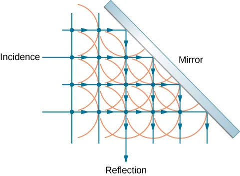 The figure shows a grid of four horizontal, parallel, equally spaced rays incident on a mirror that is tilted at forty five degrees to the rays. The rays reflect downward from the mirror. Two additional reflected rays are included from incident rays above those shown in the figure. Dots are drawn at the intersections of incident and reflected rays. Semicircles facing to the right representing incident wavelets and semicircles facing down for reflecting wavelets are centered on the dots.