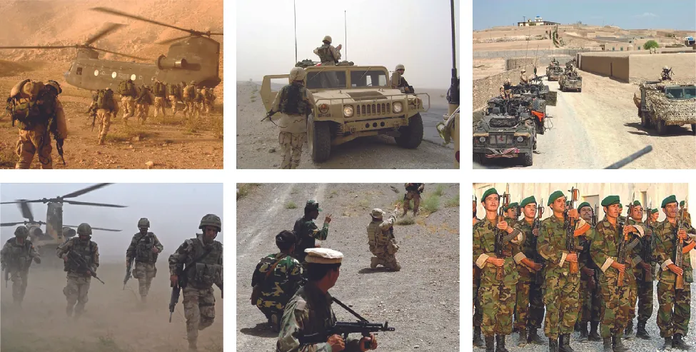 A series of six images that show combat troops in various locations Afghanistan.