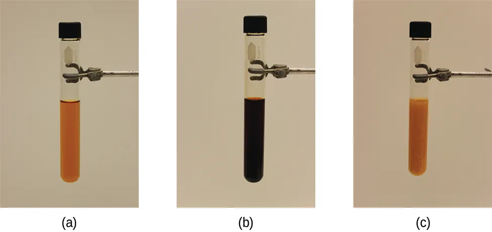 Three capped test tubes held vertically in clamps are shown in pictures labeled, “a,” “b,” and “c.” The test tube in picture a is half filled with a clear, orange liquid. The test tube in picture b is half filled with a dark, burgundy liquid. The test tube in picture c is half filled with a slightly cloudy, orange liquid.