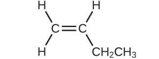 Se muestra una estructura. Dos átomos de C forman dobles enlaces entre sí. El átomo de C de la izquierda forma un enlace simple con cada uno de los dos átomos de H. El átomo de C de la derecha forma un enlace simple con un átomo de H y con un grupo C H subíndice 2 C H subíndice 3.