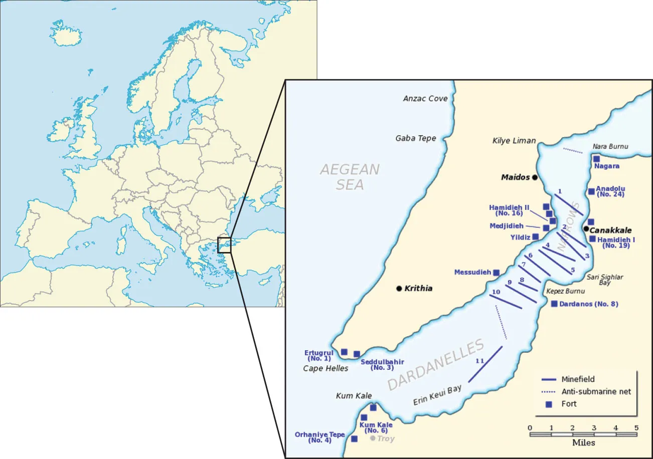 Two maps are shown. The map on the left shows Europe and bits of North Africa and West Asia. An area in Turkey is highlighted with a black square. The second map shows an enlarged drawing of that square section. The Aegean Sea is labeled in the west and the Dardanelles Narrows is shown splitting two pieces of land, going from northeast to southwest. The northern end of the coast of Turkey on the Aegean Sea is labeled, from north to south, with Anzac Cove, Gaba Tepe, and Cape Helles. The cities of Maidos, Canakkale, Krithia, and Troy are labeled from north to south. In the Dardanelles Narrows blue straight lines going from shore to shore are drawn beginning at the city of Maidos in the north of the map, heading south toward the city of Canakkale, past the San Sighlar Bay and Kepez Burnu, and ending parallel with the city of Krithia, numbered from 1 to 10 indicating a “Minefield.” A blue line labeled “11” runs northeast to southwest in the Erin Keui Bay. Between the blue “10” line and the blue “11” line a blue dotted line runs from north to south indicating “Anti-submarine net.” Another blue dotted line is shown at the north of the Dardanelles Narrows running shore to shore from Kilye Liman to Nara Burnu. Blue squares are shown along the coasts indicating “Forts.” These are, from north to south: Nagara, Anadolu (no. 24), Hamidieh II (No. 16), Medjidieh, Hamidieh I (No. 19), Yildiz, Messudieh, Dardanos (No. 8), Ertugrul (No. 1), Seddulbahir (No. 3), Kum Kale (No. 6), and Orhaniye Tepe (No. 4). Four blue squares are not labelled. A Scale for “Miles” is shown in the right bottom corner from 1 to 5.