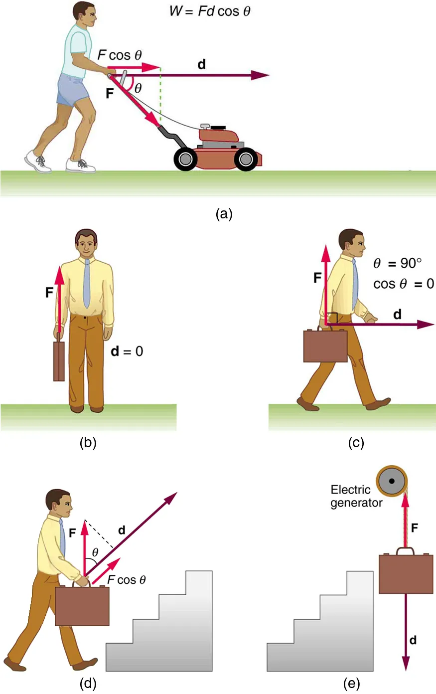 Five drawings labeled a through e. In (a), person pushing a lawn mower with a force F. Force is represented by a vector making an angle theta with the horizontal and displacement of the mower is represented by vector d. The component of vector F along vector d is F cosine theta. Work done by the person W is equal to F d cosine theta. (b) A person is standing with a briefcase in his hand. The force F shown by a vector arrow pointing upwards starting from the handle of briefcase and the displacement d is equal to zero. (c) A person is walking holding the briefcase in his hand. Force vector F is in the vertical direction starting from the handle of briefcase and displacement vector d is in horizontal direction starting from the same point as vector F. The angle between F and d theta is equal to 90 degrees. Cosine theta is equal to zero. (d) A briefcase is shown in front of a set of stairs. A vector d starting from the first stair points along the incline of the stair and a force vector F is in vertical direction starting from the same point as vector d. The angle between them is theta. A component of vector F along vector d is F d cosine theta. (e) A briefcase is shown lowered vertically down from an electric generator. The displacement vector d points downwards and force vector F points upwards acting on the briefcase.