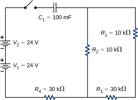 The circuit shows positive terminal of voltage source V subscript 1 of 24 V connected to negative terminal of voltage source of voltage source V subscript 2 of 24 V. The positive terminal of V subscript 2 is connected to an open switch. The other end of the switch is connected to capacitor C subscript 1 of 100 mF which is connected to two parallel branches, one with resistor R subscript 2 of 10 kΩ and other with R subscript 1 of 10 kΩ and R subscript 3 of 30 kΩ. The two branches are connected to source V subscript 1 through resistor R subscript 4 of 30 kΩ.