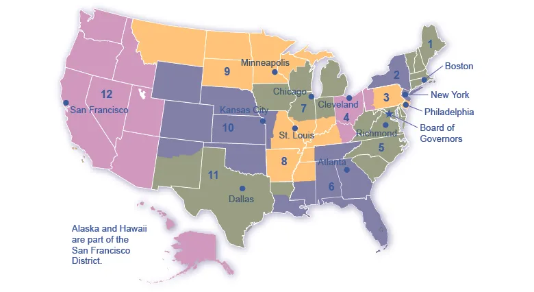 This map of the United States shows the 12 Federal Reserve districts: Boston, New York, Philadelphia, Cleveland, Richmond (VA), Atlanta, Chicago, St. Louis, Minneapolis, Kansas City (MO), Dallas, and San Francisco.