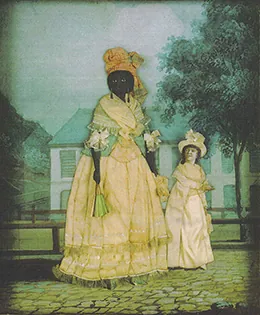 A collage painting depicts a tall, dark-skinned woman standing beside her small daughter, who has more European features, with lighter skin and curly, dark hair. Both women are elaborately dressed. In the background, a large, stately house is visible.