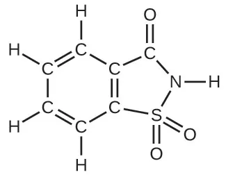 A structural formula is shown. A hexagonal ring of 6 C atoms with alternating double bonds has single H atoms bonded to four consecutive C atoms on the left side of the ring. The two C atoms on the right side of the ring, which are joined by a double bond, are also included in a 5 atom ring to their right. The C atom of this pair that is nearest the top of the structure is singly bonded to a C atom at the top of the 5 atom ring which has an O atom double bonded above. An N atom is singly bonded to the lower right of this same C atom. The N atom has an H atom bonded to its right and to its lower left, it is bonded to an S atom. The S atom is connected to the second C atom that is shared in the two rings. The S atom is also double bonded to an O atom to its lower right and is double bonded to a second O atom directly below it.
