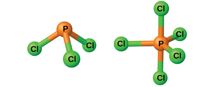 Se muestran dos modelos de barras y esferas. En el modelo de la izquierda, un átomo naranja marcado como "P" tiene enlace simple con tres átomos verdes marcados como "C l". El modelo de la derecha muestra un átomo naranja marcado como "P", que tiene enlace simple con cinco átomos verdes etiquetados como "C l".