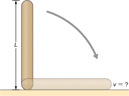 La figura muestra una varilla uniforme de longitud L y masa M que se sostiene verticalmente con un extremo apoyado en el suelo. Cuando la varilla se suelta, rota alrededor de su extremo inferior hasta que toca el suelo.