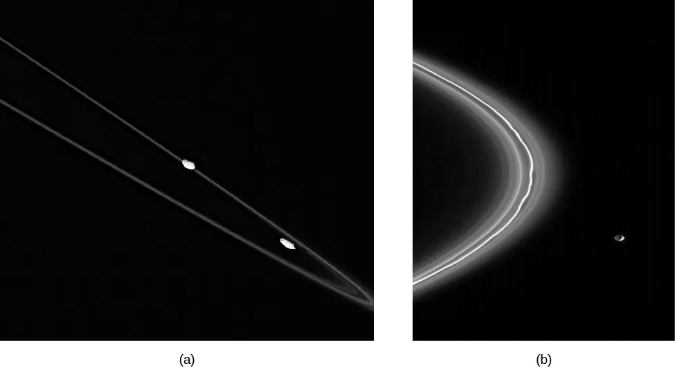 Image A is of a portion of the narrow rings of Saturn, showing the moons Pandora and Prometheus in the center and lower right. Image B is a closer view of the moon Pandora, next to the F ring.