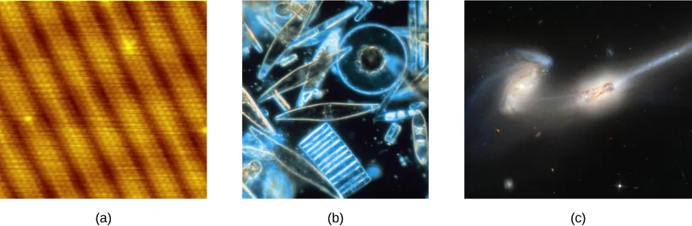 Figure a shows a high resolution scanning electron microscope image of gold film. Figure b shows a magnified image of phytoplankton and ice crystals. Figure c shows a photograph of two galaxies.