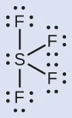 Un diagrama de Lewis representa un átomo de azufre con un par solitario de electrones unido con enlace simple a cuatro átomos de flúor, cada uno con tres pares solitarios de electrones.