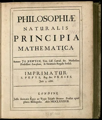 The diagram shows a cover page of Isaac Newton’s book, Principia. The title, author and year are written in Latin and read: Philosophiae Naturalis Principia Mathematica, Autore: I. S. Newton, Julii 5, 1686, Londini, Anno: MDCLXXXVII.