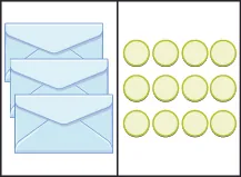 This image has two columns. In the first column are four envelopes. In the second column there are twelve blue circles.
