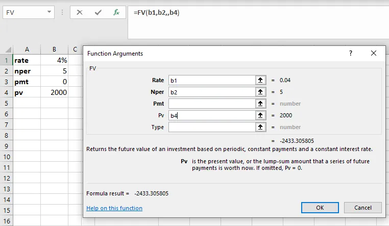Screenshot of completed dialog box for FV function arguments. In the FV section, all the empty fields are filled with the relevant cell names.