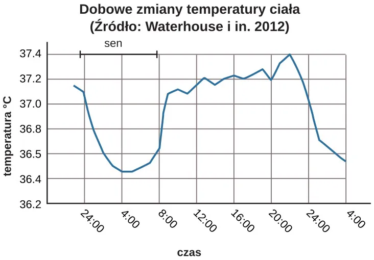 A line graph is titled “Circadian Change in Body Temperature (Source: Waterhouse et al., 2012).” The y-axis, is labeled “temperature (degrees Fahrenheit),” ranges from 97.2 to 99.3. The x-axis, which is labeled “time,” begins at 12:00 A.M. and ends at 4:00 A.M. the following day. The subjects slept from 12:00 A.M. until 8:00 A.M. during which time their average body temperatures dropped from around 98.8 degrees at midnight to 97.6 degrees at 4:00 A.M. and then gradually rose back to nearly the same starting temperature by 8:00 A.M. The average body temperature fluctuated slightly throughout the day with an upward tilt, until the next sleep cycle where the temperature again dropped. 