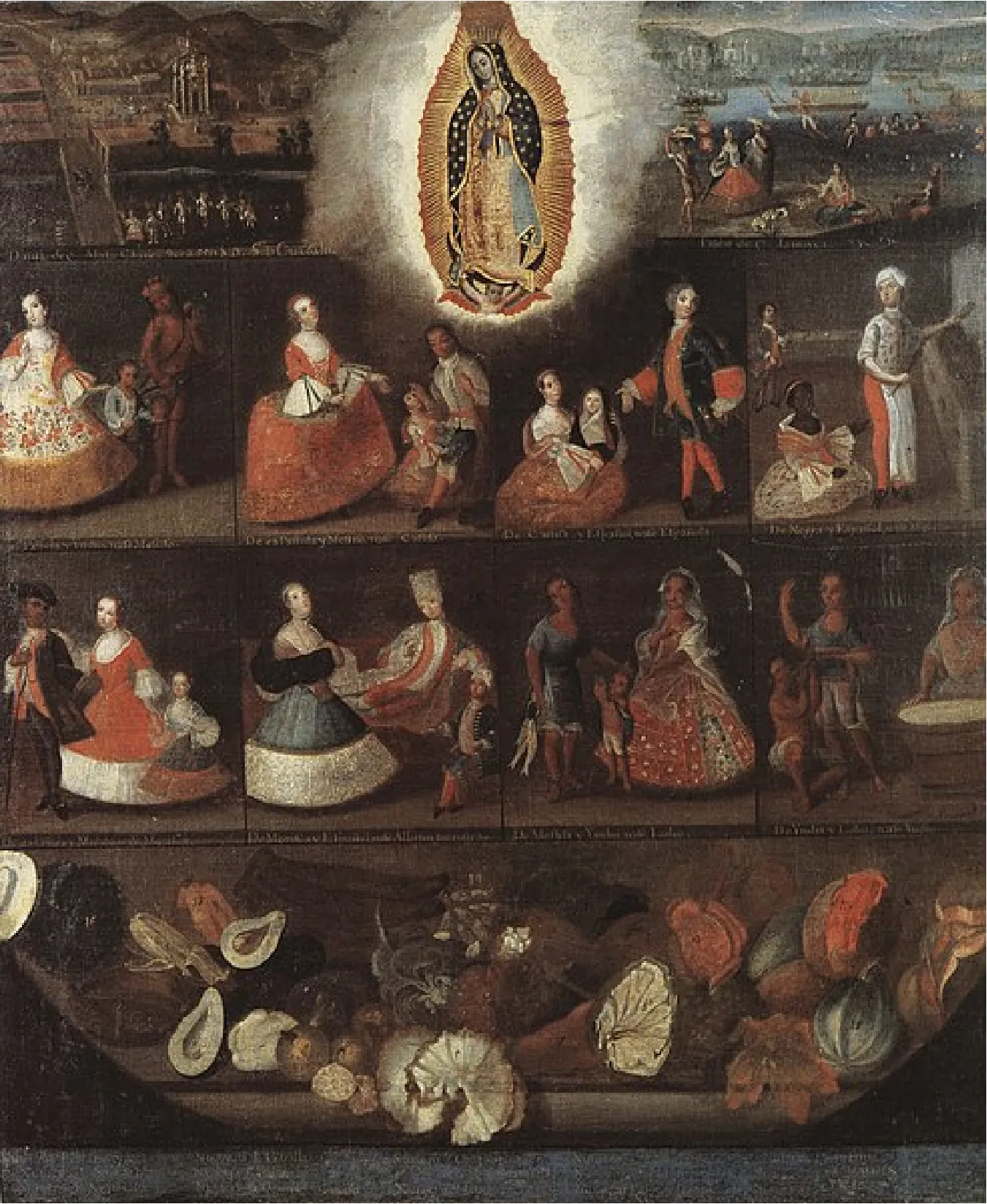 This is a three-part image. The Virgin of Guadalupe is at the top. Below the Virgin are several images of mixed-race groups. The bottom of the image shows fruits and vegetables.