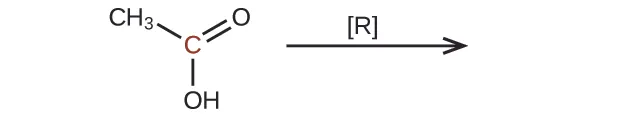 The left side of a reaction and arrow are shown. The arrow is labeled with an R in brackets. To the left of the arrow is a molecular structure which shows a central, red C atom which is bonded to a C H subscript 3 group, and O H group, and forms a double bond with an O atom.
