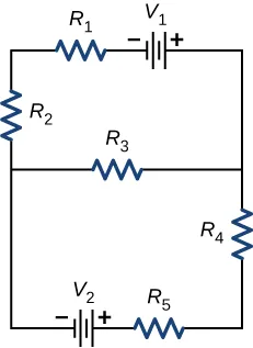 La figura muestra tres ramas horizontales. De izquierda a derecha, la primera rama tiene el resistor R subíndice 1 conectado al terminal negativo de la fuente de voltaje V subíndice 1, la segunda rama tiene el resistor R subíndice 3 y la tercera rama tiene la fuente de voltaje V subíndice 2 con su terminal positivo conectado al resistor R subíndice 5. La primera y segunda rama se conectan a través del resistor R subíndice 2 a la izquierda y la segunda y tercera rama se conectan a través del resistor R subíndice 4 a la derecha.