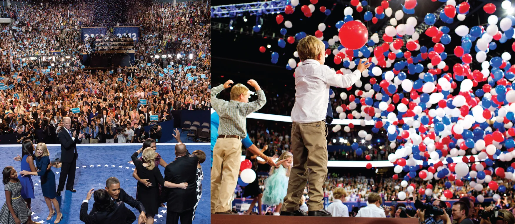 The image on the left is of Obama and his family in front of a large crowd of people. The image on the left is of several children on a stage in front of a large crowd of people. A large number of balloons are falling from above.