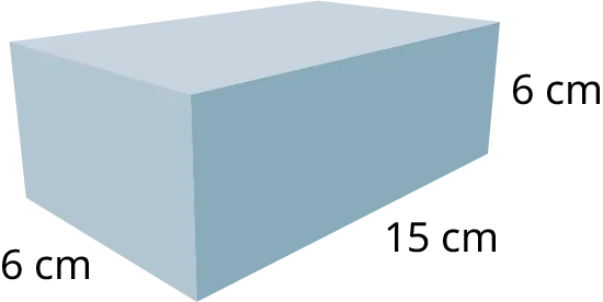 A rectangular prism with its length, width, and height marked 15 centimeters, 6 centimeters, and 6 centimeters.