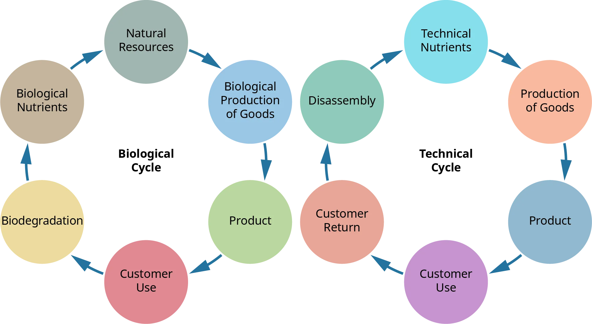 The cradle-to-cradle approach is shown in two circles that depict the recycling approach for biological products and technology products, with each process step shown in a  smaller circle pointing to the next circle. The biological recycling process starts with natural resources, then moves on to the biological production of goods, the product, customer use, biodegradation, and biological nutrients that are then turned back to natural resources. The technical cycle begins with technical nutrients (technical bits and pieces) that move on to the production of goods, the product, customer use, customer return, and disassembly which then leads back to technical nutrients.