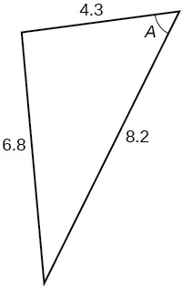 A triangle. Angle A is opposite a side of length 6.8. The other two sides are 4.3 and 8.2.