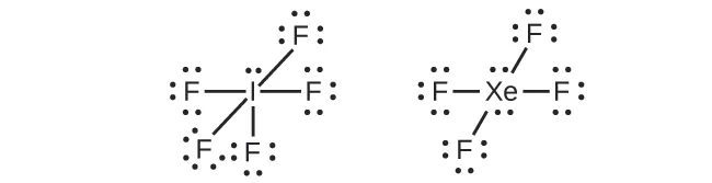 Se muestran dos estructuras de Lewis. La izquierda muestra un átomo de yodo con un par solitario unido con enlace simple a cinco átomos de flúor, cada uno con tres pares solitarios de electrones. El diagrama de la derecha muestra un átomo de xenón con dos pares solitarios de electrones unido a cuatro átomos de flúor, cada uno con tres pares solitarios de electrones.