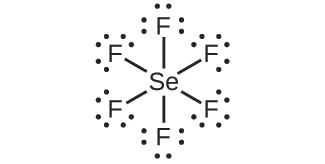 Una estructura de Lewis muestra un átomo de selenio con enlace simple con seis átomos de flúor, cada uno con tres pares solitarios de electrones.
