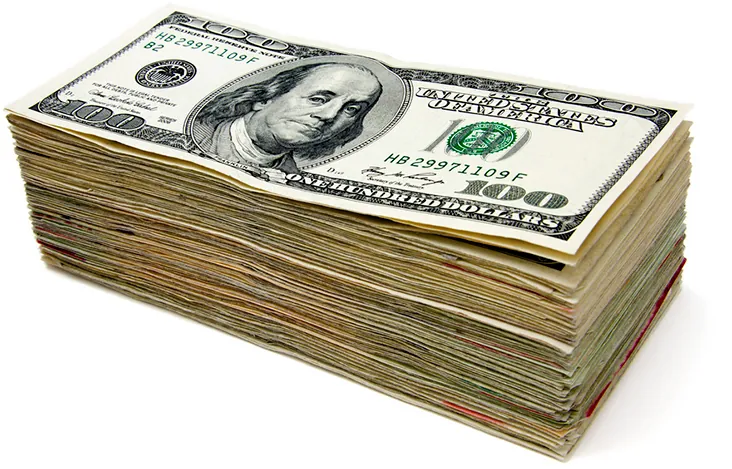 A stack of United States paper money is shown with one hundred hundred-dollar bills.