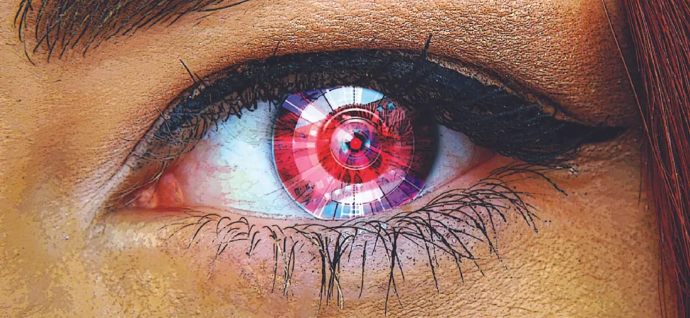 A photo of an person’s eye fitted with a contact lens camera.