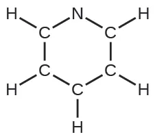 Una estructura de Lewis representa un anillo hexagonal compuesto por cinco átomos de carbono y uno de nitrógeno. Cada átomo de carbono está unido con enlace simple a un átomo de hidrógeno.