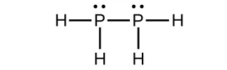 Esta estructura de Lewis muestra dos átomos de fósforo, cada uno con un par solitario de electrones, con un enlace simple entre sí. Cada átomo de fósforo también tiene enlace simple con dos átomos de hidrógeno.