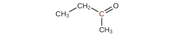 Se muestra una estructura molecular con un grupo C H de subíndice 3 que está enlazado hacia arriba y a la derecha a un grupo C H subíndice 2. El grupo C H subíndice 2 está enlazado hacia abajo y a la izquierda a un átomo de C. Este átomo de C está en rojo. El átomo de C forma un doble enlace con un átomo de O arriba y a la derecha. El átomo de C también forma un enlace simple con un grupo C H de subíndice 3 que aparece directamente debajo de este.