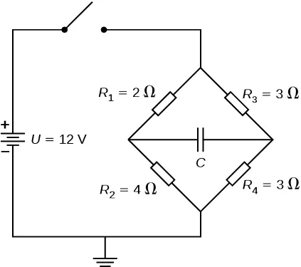Dodatni zacisk 12 V źródła napięcia V połączony jest z otwartym przełącznikiem. Drugi koniec przełącznika jest połączony z dwiema równoległymi galęziami. Pierwsza gałąź ma 2 Ω opornik R ze znakiem 1 i 4 Ω opornik R ze znaiem 2. Druga gałąź ma 3 Ω opornik R ze znakiem 3 i 3 Ω opornik R ze znakiem 4. Dwie gałęzie są połączone w środku z kondensatorem C. Inne końce gałęzi są uziemione. 