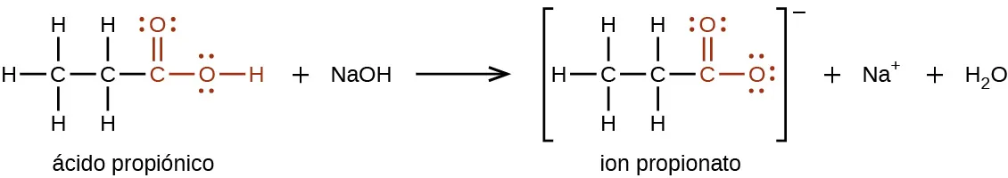 Se muestra una reacción química. A la izquierda se indica la estructura del ácido propiónico. Esta estructura incluye un grupo de hidrocarburos de 2 carbonos en el extremo izquierdo en color negro. Arriba, abajo y a la izquierda, los átomos de H están enlazados. Este grupo está enlazado a un grupo rojo formado por un átomo de C al que está enlazado un átomo de O por encima. A la derecha del átomo de C en rojo, un átomo de O se conecta con un enlace simple. A la derecha del átomo de O, se enlaza un átomo de H. A la derecha de esta estructura aparece un signo más y N a O H. Siguiendo la flecha de reacción, se muestra el ion de propionato. Esta estructura está entre corchetes. En el interior de los corchetes hay un grupo de hidrocarburos de 2 carbonos en el extremo izquierdo. Arriba, abajo y a la izquierda, los átomos de H están enlazados. A la derecha de este grupo, se une un grupo en rojo, compuesto por un átomo de C, al que se une un átomo de O en doble enlace por encima y un segundo átomo de O en enlace simple a la derecha. Fuera de los corchetes hay un signo menos en superíndice. A esto le sigue un signo más, N un signo más en superíndice y H subíndice 2 O. El átomo de O de enlace simple en la estructura del ion de propionato tiene 3 pares de puntos de electrones. Todos los demás átomos de O tienen dos pares de puntos de electrones.