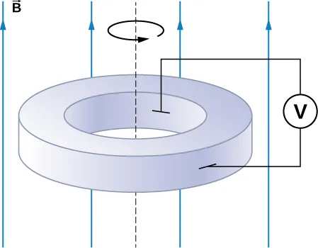 La figura muestra un disco metálico que gira a una velocidad angular en un campo magnético uniforme dirigido paralelamente al eje de rotación. Los cables de las escobillas de un voltímetro se conectan a las superficies interior y exterior del disco.