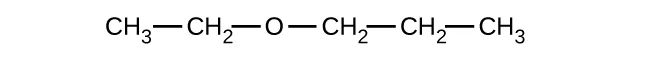 Esto muestra un grupo C H subíndice 3 enlazado a un grupo C H subíndice 2. Este grupo C H subíndice 2 está enlazado a un átomo de O. Este átomo de O está enlazado a un grupo C H subíndice 2 que también está enlazado a otro grupo C H subíndice 2. Este grupo C H subíndice 2 está enlazado a un grupo C H subíndice 3. Todos los enlaces están en línea recta.