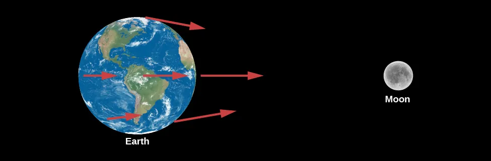 The Gravitational Effect of Our Moon. The Earth is illustrated at left with six red arrows at various locations pointing toward the Moon, which is illustrated on the right. The arrows on the left side of Earth are the shortest as this part of Earth is furthest from the Moon. The arrows at the center of the Earth are somewhat longer than the arrows on the left. On the side of the Earth closest to the Moon, the arrows are longest.