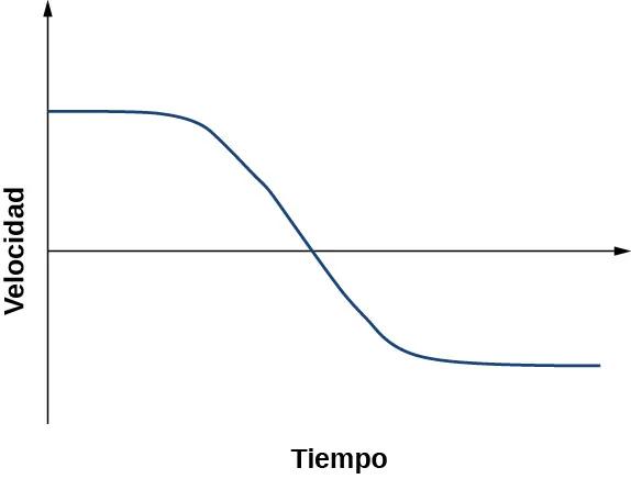 El gráfico muestra la velocidad en función del tiempo. Comienza con el valor positivo en el tiempo cero, disminuye hasta el valor negativo y se mantiene constante.