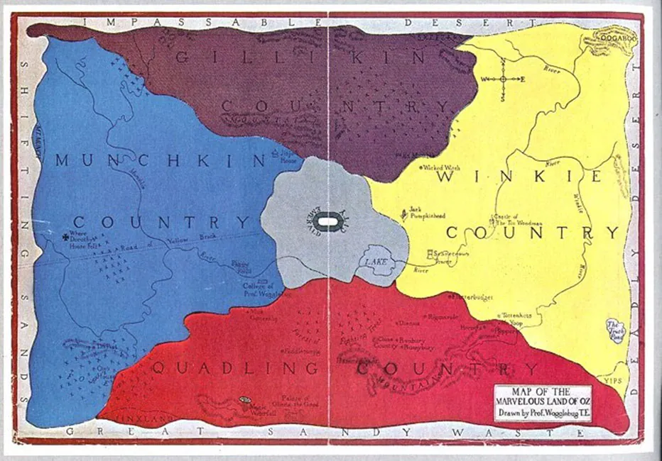 A map of The Magical Land of Oz. The regions are Gillikin Country, Munchkin Country, Emerald City, Winkie Country, and Quadling Country.