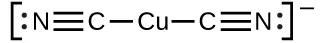 Un átomo de Cu tiene enlaces simples con dos átomos de C. Cada uno de estos átomos de C tiene triples enlaces con un átomo de N. Cada átomo de N tiene dos puntos a su lado.