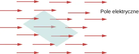 Rysunek pokazuje zacieniowaną powierzchnię w środku. Strzałki biegną z lewej do prawej, przed, za i przez zaznaczoną. Oznaczone są jako pole elektryczne. 