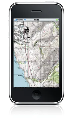 A topographical map of a location is shown on an iPhone with some information about the location using the G P S system.