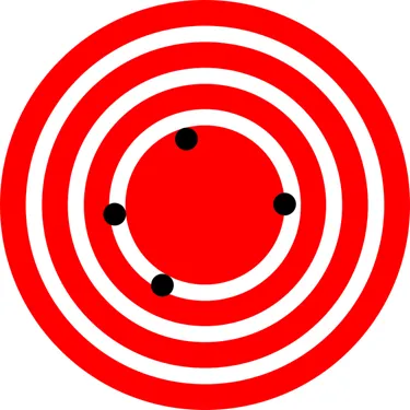 A pattern similar to a dart board with few concentric circles shown in white color on a red background. In the innermost circle, there are four black points on the circumference showing the positions of a restaurant. They are far apart from each other.
