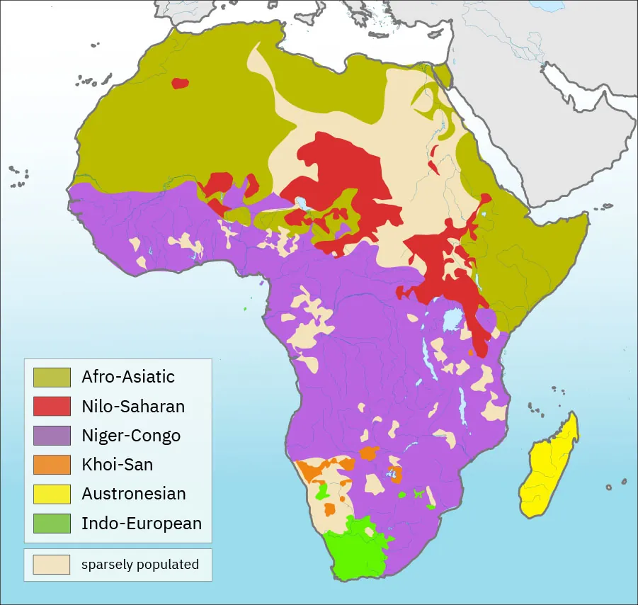 A colorful map of Africa is shown. The water surrounding it is in ombre shades from white to blue, from north to south. The northwest portion of the continent, parts of the north, the eastern horn, and some small areas just north of the middle of the continent are highlighted lime green to represent “Afro-Asiatic.” Areas highlighted red toward the middle of the country represent “Nilo-Saharan.” Most of the middle and southern portion of the country are highlighted purple representing “Niger-Congo.” The island of Madagascar off the east coast of Africa is highlighted yellow representing “Austronesian.” A bright green area representing “Indo-European” is located at the southern tip of the continent. Small areas throughout all of Africa are highlighted off-white along with a large area in the north representing “sparsely populated.”