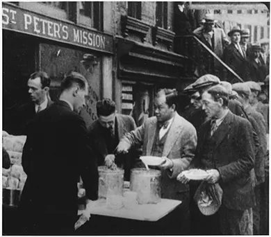 A photograph shows a line of men being served soup in front of St. Peter’s Mission in New York City.