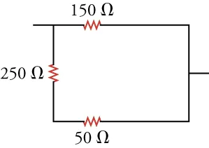 The figure shows a circuit with three resistors. The first resistor is horizontal and labeled 150 ohms. The left end of the first resistor is connected to a second resistor of 250 ohms. The other end of the second resistor is connected to a third resistor of 50 ohms, which in turn is connected to the right end of the first resistor.