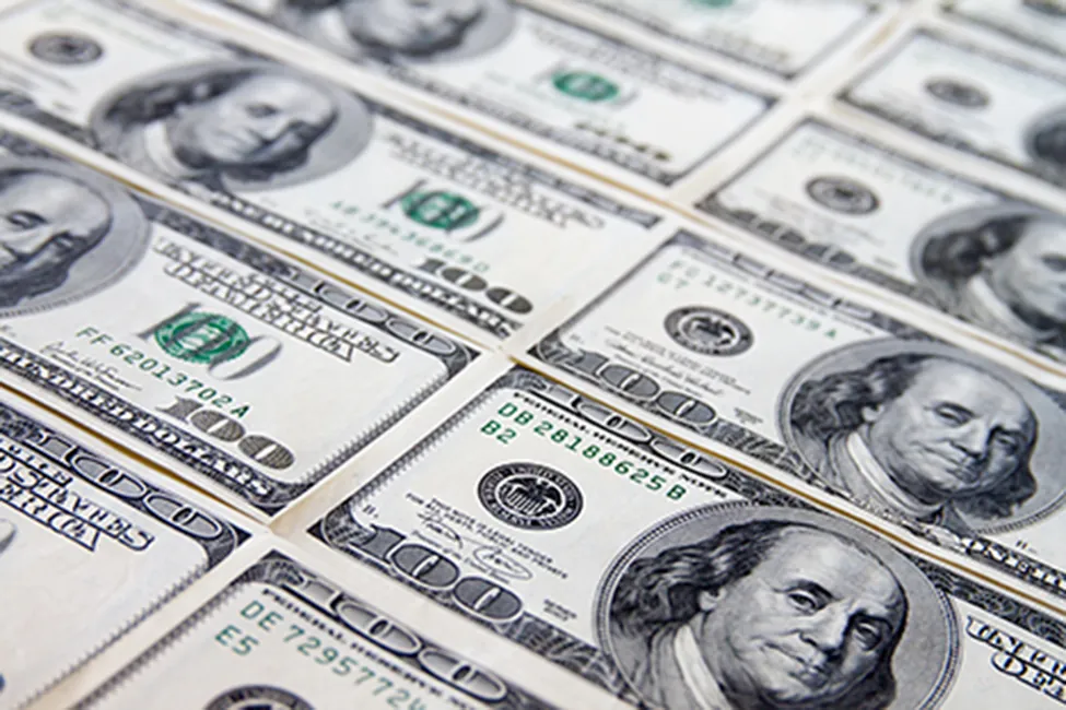 Una fotografía muestra una superficie plana cubierta de billetes de 100 dólares.